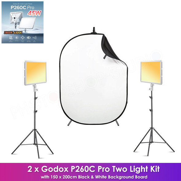Godox 2x P260C Pro 45W Bi-Color Live Streaming/ Broadcasting Two LED Panel Lighting Kit with Background Board (Black & White)