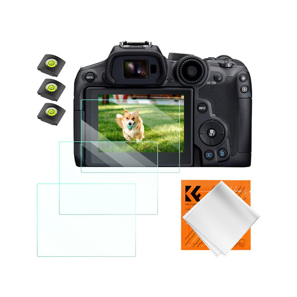 K&F Concept 2202 Camera LCD Glass Screen Protector (3 Pcs) with Cleaning Cloth & Bubble Spirit Level Hot Shoe Cover for Canon EOS R6 II, R6, R7
