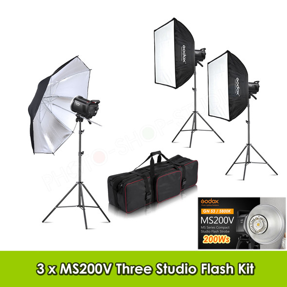  Godox 3x MS200V 200Ws Compact Studio Lighting Kit (5800K)