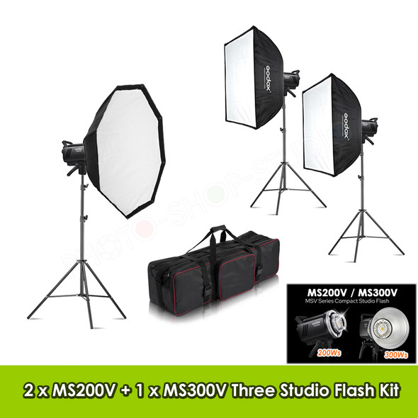 Godox 2x MS200V + 1x MS300V Compact Studio Lighting Kit (200Ws & 300Ws , 5800K)