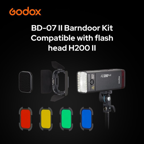 Godox BD-07II Barn Door Honeycomb Grid and Colour Gel Set for AD200ProII (H200II Flash Head) 