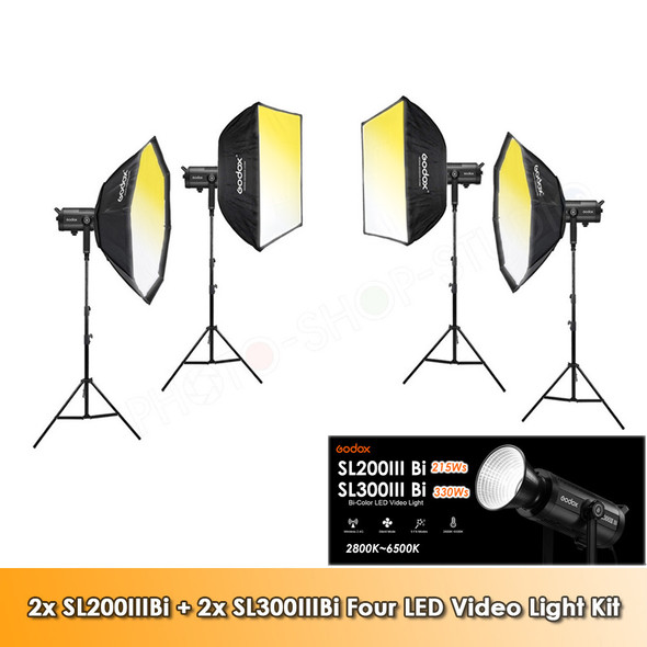 Godox 2x SL200IIIBi +2x SL300IIIBi Bi-Colour LED AC Power Video Four Lighting Kit 