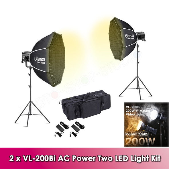 Ulanzi 2x VL-200Bi 200W Bi-color Dual Power V-Mount LED AC Power Two Video Lighting Kit