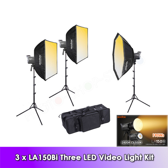 Godox 3x LA150Bi 150W Bi-Colour AC Power Compact Three LED Lighting Kit