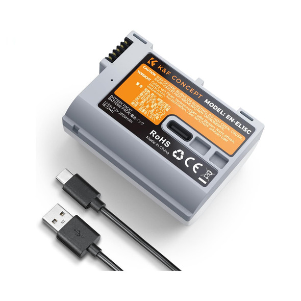 K&F Concept KF28.0041 EN-EL15C 7.2V 2600mAh 18.72Wh USB-C Rechargeable Li-ion Battery with Charging Cable