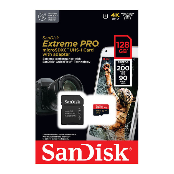 SanDisk Extreme PRO 128GB 200MB/s Micro SDXC UHS-I V30 Memory Card with Adapter