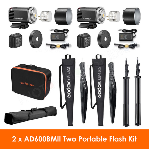 Godox 2x AD600BMII 600W Witstro All-In-One Outdoor Flash with Parabolic Umbrella Kit 