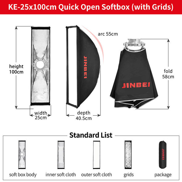  Jinbei KE 25 x 100 cm Quick Open Umbrella Strip Softbox with Grid 