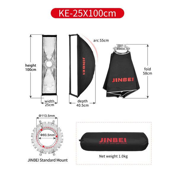  Jinbei KE 25 x 100 cm Quick Open  Strip Softbox with Grid ( Bowens )
