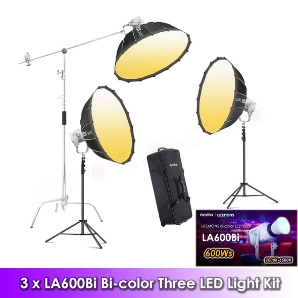 Godox 3x  LA600Bi Litemons 600W Bi-color Three LED Light Kit (2800K-6500K) (White Version)  