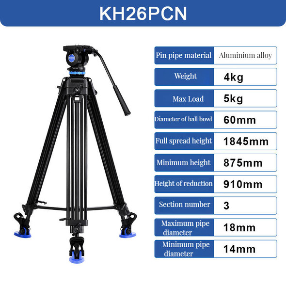 Benro KH26PCN 1.8m Aluminum 3-section Twist-Lever Lock Twin Legs Video Tripod with K5 Fluid Head Kit  (Max Load 5kg) 