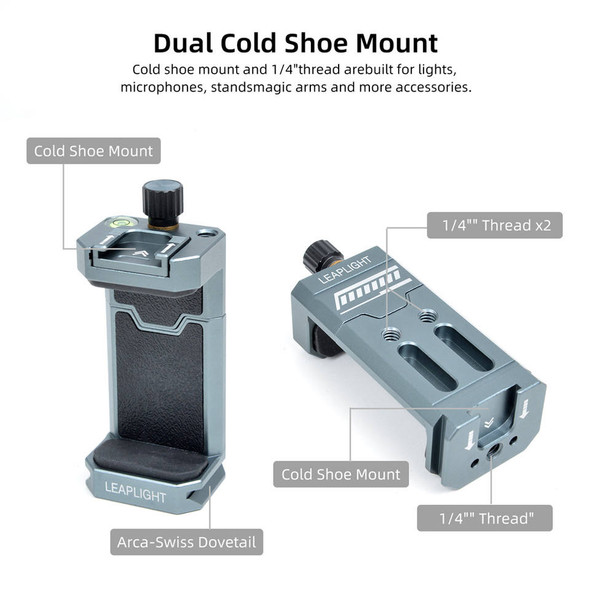 Leaplight LYA1 Smartphone Clamp with Dual Cold Shoe -  Grey (Clamp Range 60-95mm) 