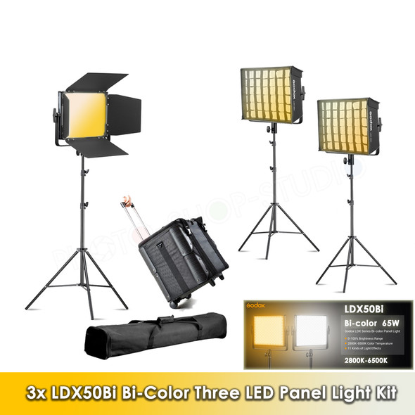 Godox 3x LDX50Bi 65Ws Bi-Color Three LED Panel Light Kit (2800K-6500K)