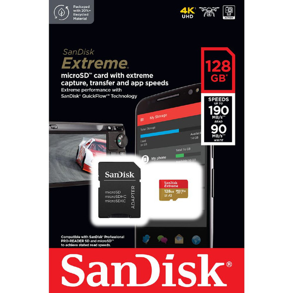 SanDisk Extreme 128GB 190MB/s Micro SDXC UHS-I V30 Memory Card with Adapter