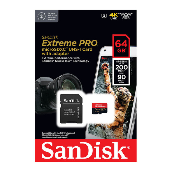 SanDisk Extreme PRO 64GB 200MB/s Micro SDXC UHS-I V30 Memory Card with Adapter
