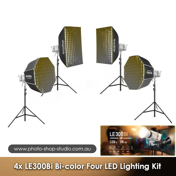  Godox 4x LE300Bi Litemons 320W Bi-color COB AC Power Four LED Lighting Kit (White Version)