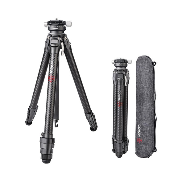 Coman Zero Y Professional Carbon Fiber 5-section Flip Lock Travel Tripod with Ball Head & Centre Column