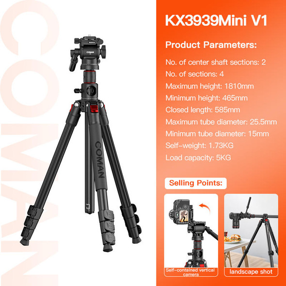 Coman KX3939Mini V1 1.8m Aluminium Alloy Multi-Functional Horizontal Tripod & Monopod with Fluid Head for Flat Lay Photos (Max Load 5kg) 