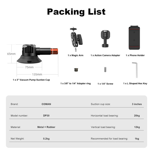 Coman DP30 3"  Vacuum Suction Cup Mount with Magic Arm & Phone Holder for Action Camera / Smartphone 