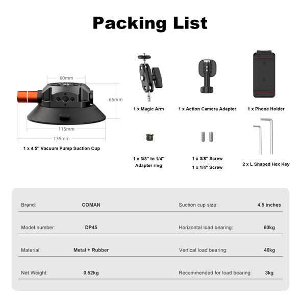 Coman DP45 4.5"  Vacuum Suction Cup Mount with Magic Arm & Phone Holder for Action Camera / Smartphone 