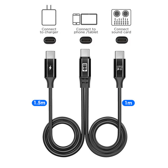 Fotolux YP117 2 in 1 USB-C to USB-C (1.5m) + USB-C OTG (1m) Sound Card Splitter Adapter Cable 