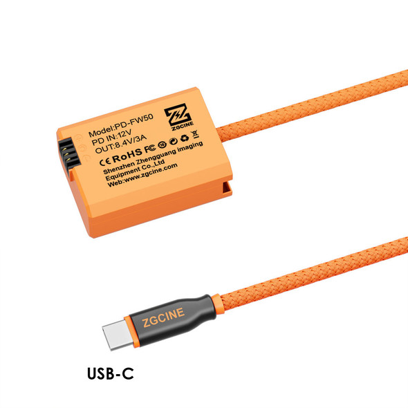 ZGCINE PD-FW50 USB-C PD to Sony NP-FW50 Dummy Battery Cable 60cm (Braided Wire）