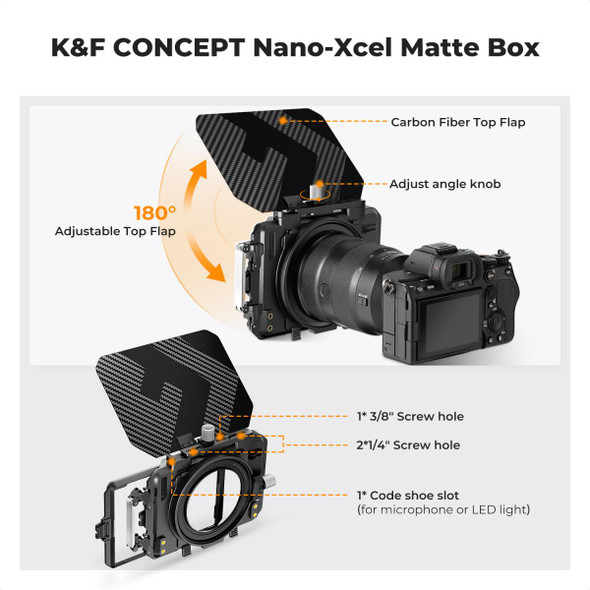 K&F Concept SKU.2180V1 Nano-Xcel Series Mini Matte Box Kit with Two 4x5.65" Square Filter Trays & 67/72/77/82/95mm Adapter Rings