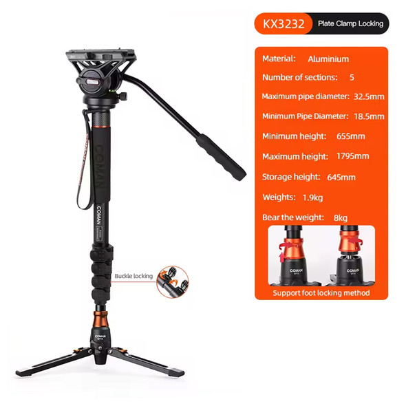Coman KX3232 1.8m Aluminum Alloy Video Fluid Head Monopod with Leg  (Max Load 8kg)
