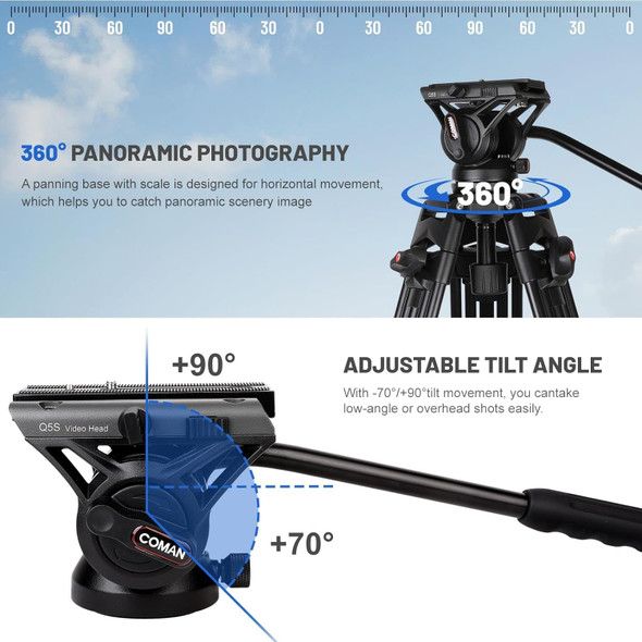 Coman KX3636 1.9m (74") Aluminium Heavy Duty Video Tripod with Fluid Head (Max load 8 kg) 
