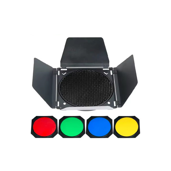 Fotolux BD-04 Barn Door + Colour Gels + Honeycomb Grid Set for 7" Reflector