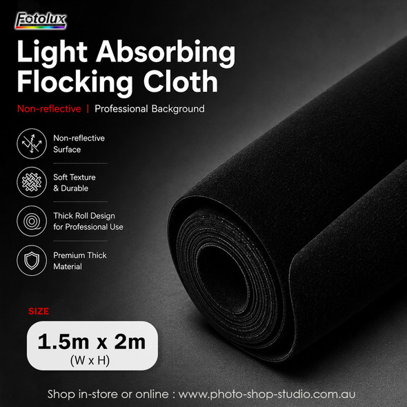  Fotolux 1.5m x 2m Black Thick Light Absorbing Non-reflective Background Flocking Cloth (Roll) 