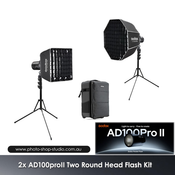 Godox 2x  AD100ProII Two Round Head Flash with Softboxes Kit 