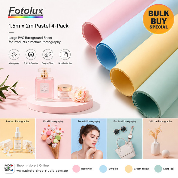 Fotolux 1.5m x 2m Pastel 4-Pack Large PVC Background Sheet for Products/Portrait Photography  (Baby Pink + Sky Blue + Cream Yellow + Light Teal) -Bulk Buy 