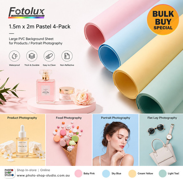 Fotolux 1.5m x 2m Pastel 4-Pack Large PVC Background Sheet for Products/Portrait Photography  (Baby Pink + Sky Blue + Cream Yellow + Light Teal) -Bulk Buy 