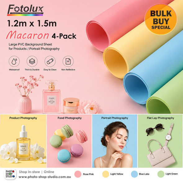 Fotolux 1.2m x 1.5m Macaron Color 4-Pack Large PVC Background Sheet for Products/Portrait Photography (Rose Pink + Light Yellow + Blue Lake + Light Green) -Bulk Buy 