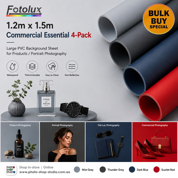 Fotolux 1.2m x 1.5m Commercial Essential 4-Pack Large PVC Background Sheet for Products/Portrait Photography ( Mist Grey + Thunder Grey +Dark Blue +Scarlet Red ) - Bulk Buy
