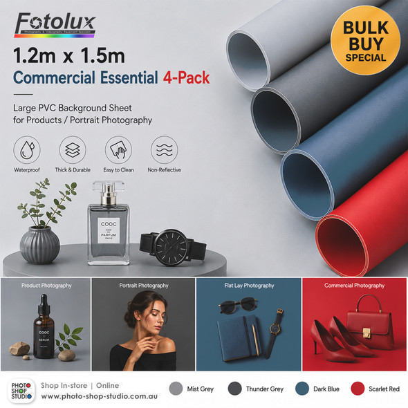 Fotolux 1.2m x 1.5m Commercial Essential 4-Pack Large PVC Background Sheet for Products/Portrait Photography ( Mist Grey + Thunder Grey +Dark Blue +Scarlet Red ) - Bulk Buy