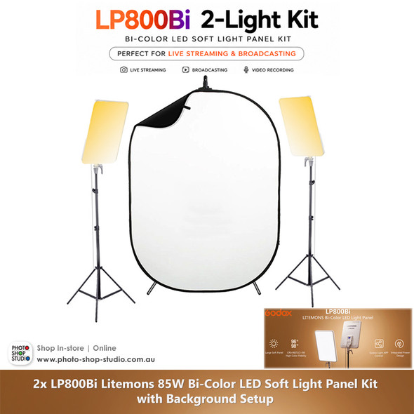  Godox 2x LP800Bi Litemons 85W Bi-Color Soft Light Two LED Panel Kit with Background Setup
