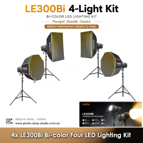 Godox 4x LE300Bi Litemons 320W Bi-color COB AC Power Four LED Lighting Kit (Black Version)