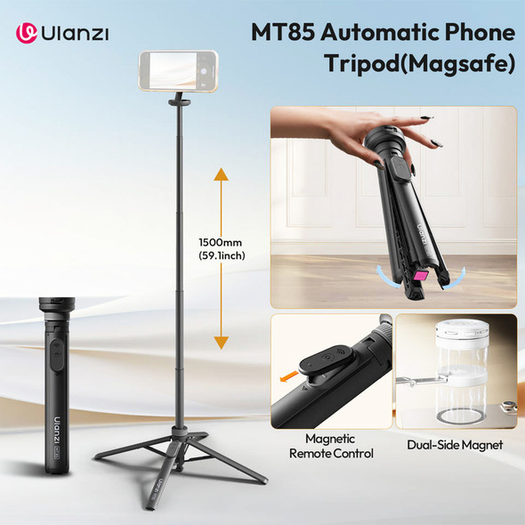 Ulanzi MT85 T122 1.5m Magnetic Magsafe Automatic Pop-Up 4-Leg Selfie Stick Phone Tripod (Black)