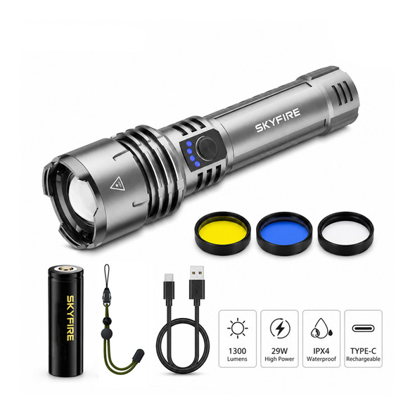 Fotolux 1376 Skyfire 29W 10000mAh IPX4 USB-C Rechargeable Ultra-Bright LED Zoom Flashlight Touch (Titanium Grey)