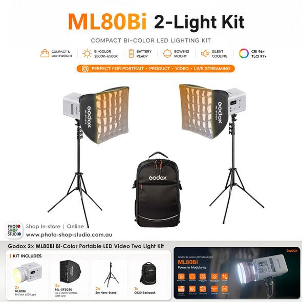 Godox 2x ML80Bi Bi-Color Portable LED Video Two Light Kit (with ML-BA 6600mAh Battery) 