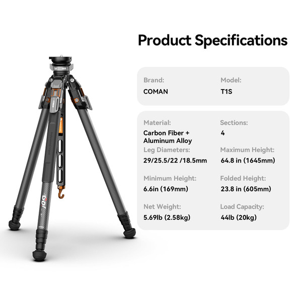 COMAN T1S 1.6m Snap-Open Carbon Fiber Tripod with Bowl Head (Max Load 20kg)