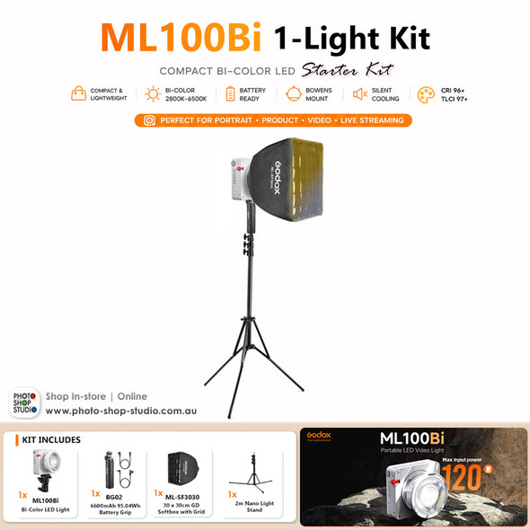Godox ML100Bi Starter Kit - 120W Bi-Color Portable LED Light with BG02 Battery Grip & Softbox