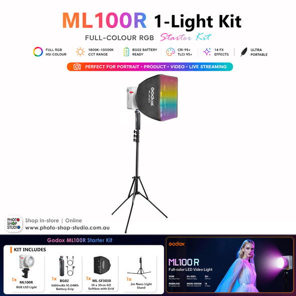  Godox ML100R Starter Kit - 110W RGB Portable LED Light with BG02 Battery Grip & Softbox