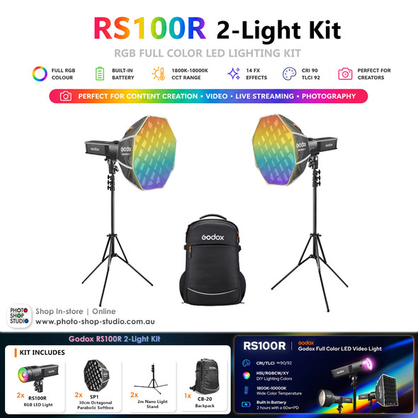 Godox RS100R 2-Light Kit – 100W RGB Portable LED Lights (Built-In Battery) with SP1 Softboxes & Backpack 
