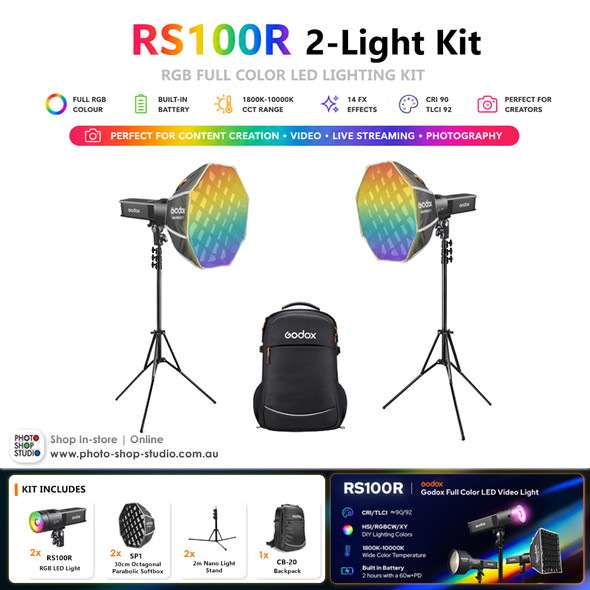 Godox RS100R 2-Light Kit – 100W RGB Portable LED Lights (Built-In Battery) with SP1 Softboxes & Backpack 