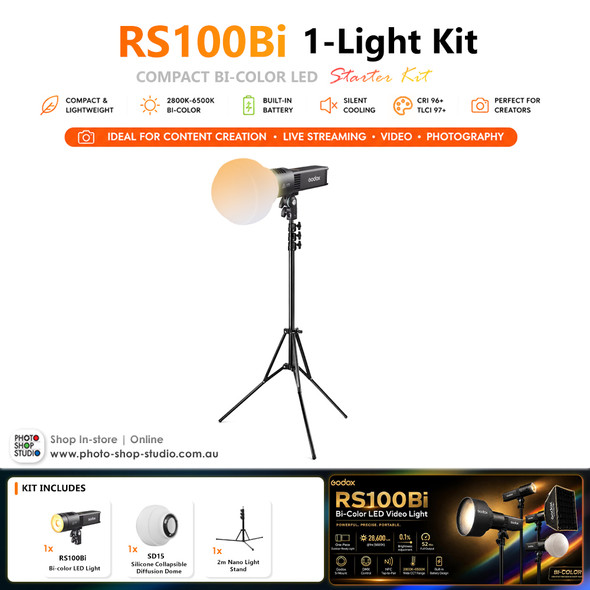 Godox RS100Bi Starter Kit - 100W Bi-Color Portable LED Video Light with Built-In Battery & Diffusion Dome