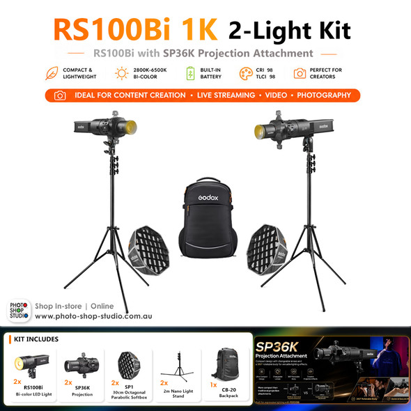 Godox RS100Bi 1K 2-Light Kit - 100W Bi-Color Portable LED Video Light with SP36K Projection Attachment (Built-In Battery)