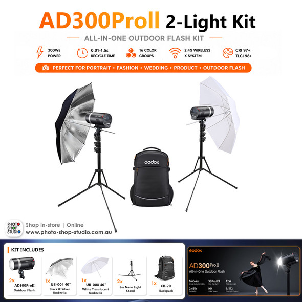  Godox AD300ProII 2-Light Kit - 300Ws Round Head Flashes with Umbrellas & Backpack